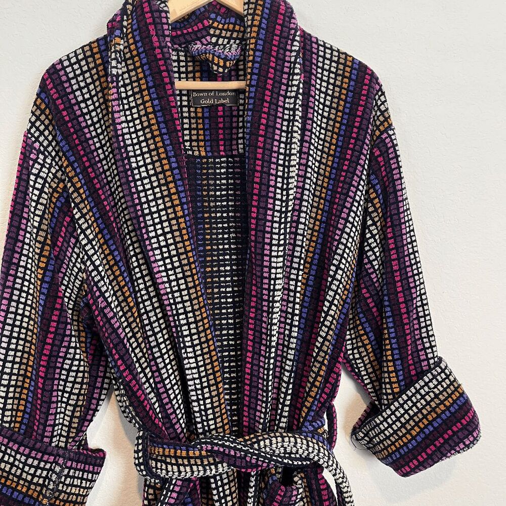 Bown of London Rainbow Checkered Disco Multicolor Mozart Velvet Bath Robe Men's - Picture 5 of 8